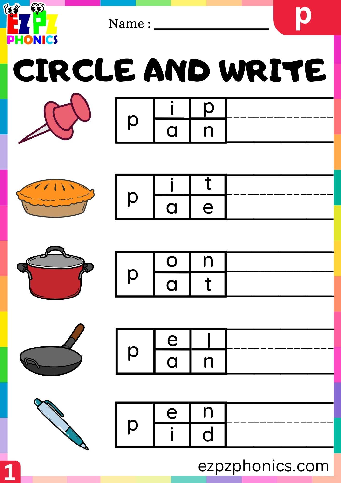 Letter P Circle And Write Beginning Sounds Worksheet